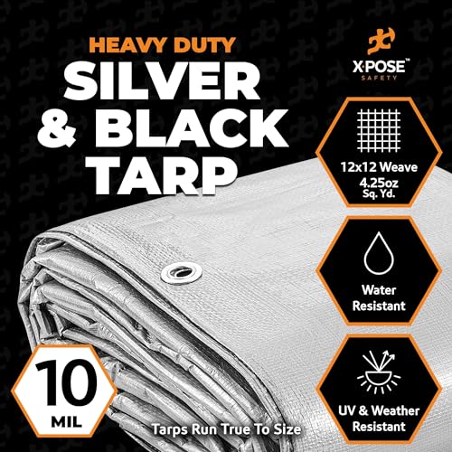 xpose safety Heavy Duty Poly Tarp - 6' x 8' - 10 Mil Thick Waterproof, UV Blocking Protective Cover - Reversible Silver and Black - Laminated Coating - Grommets - by Xpose Safety - Image 2
