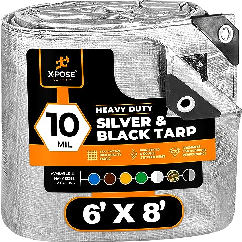 xpose safety Heavy Duty Poly Tarp - 6' x 8' - 10 Mil Thick Waterproof, UV Blocking Protective Cover - Reversible Silver and Black - Laminated Coating - Grommets - by Xpose Safety - Image 1