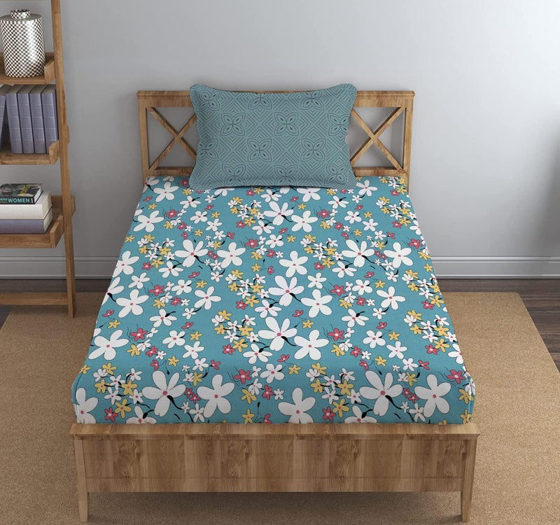 LOOMLYFE 300 TC Cotton Feel Glace Elastic Fitted Printed Single Bed Bedsheet with 1 Pillow Cover Fits Upto 6 Inches Mattress,Size- 42X75X8 Inches, SkyBlueFlower - Image 1