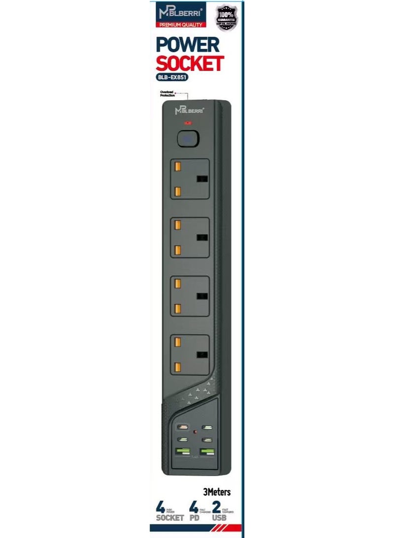 mpBLBERRI MP BLBERRI 3250W Power Extension Socket 3M with USB & Type-C – 4 AC Outlets, 3.4A Fast Charging, Overload Protection Power Strip – BLB-EX851 - Image 2