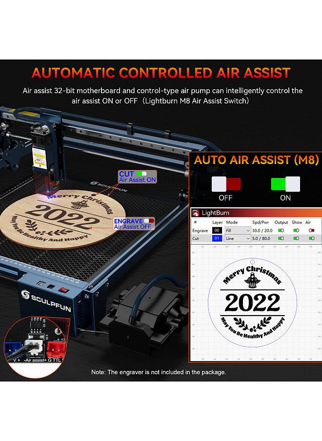 SCULPFUN - Automatic Air Assist Kit with 30min/Min Automatic Air Pump Suitable for S9/S10 Laser Engraving Machine Including 32bit Automatic Air Assist Mainboard Easy Installation Kit 12V Version - Image 1