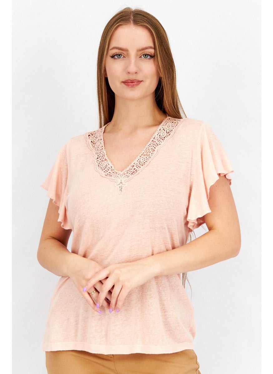 Women V Neck Puffed Sleeve Textured Tops, Pink - pzsku/ZAD6236116117E1DC6141Z/45/_/1737641705/feec4a02-9245-47e5-801f-0355cca894f4