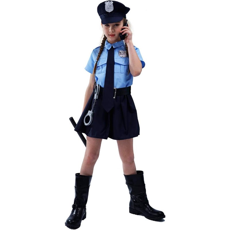 PGOND Police Officer Girls Uniform Party Costume For Cotton Blend Fabric Blue And Black One Size Fits Most Fun Dress-Up Role Play Outfit - Image 1