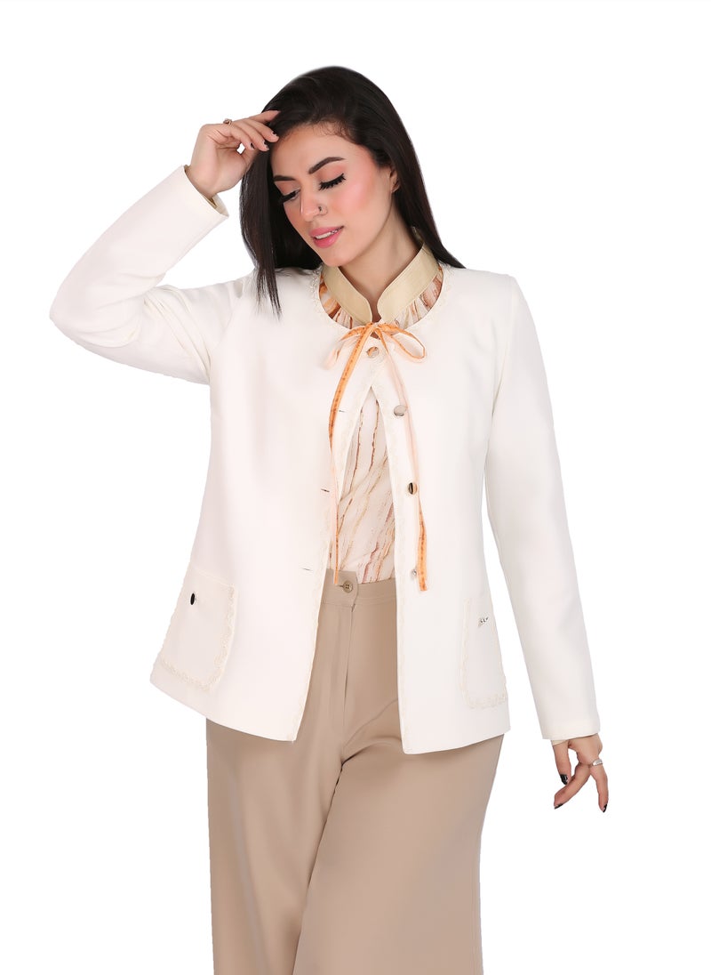 Smoky Egypt - Solid Round Neck Jacket Decorated With Guipure  - Off White - Image 1