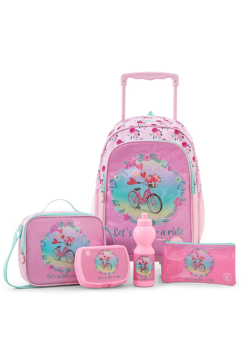 Eazy Kids 17” Trolley School Bag Value Pack 5-in-1 with Wheels – Backpack, Lunch Bag, Water Bottle, Lunch Box & Pencil Case, Pink - Image 1