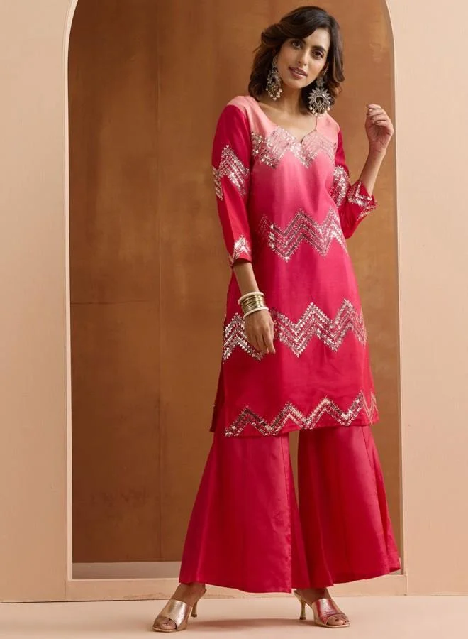 ISHIN Women'S Pink Polyester Blend Embroidered Tunic Full Length Palazzo Straight Fit Kurta Set