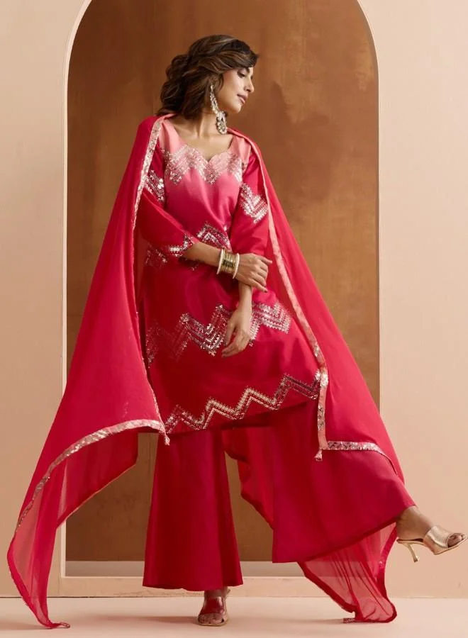 ISHIN Women'S Pink Polyester Blend Embroidered Tunic Full Length Palazzo Straight Fit Kurta Set