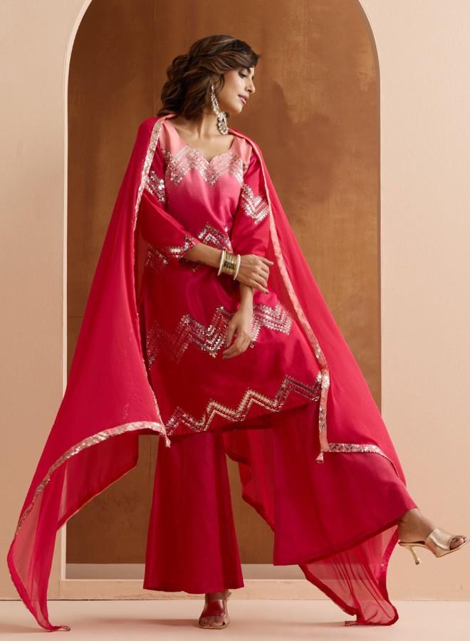 ISHIN Women'S Pink Polyester Blend Embroidered Tunic Full Length Palazzo Straight Fit Kurta Set - Image 1