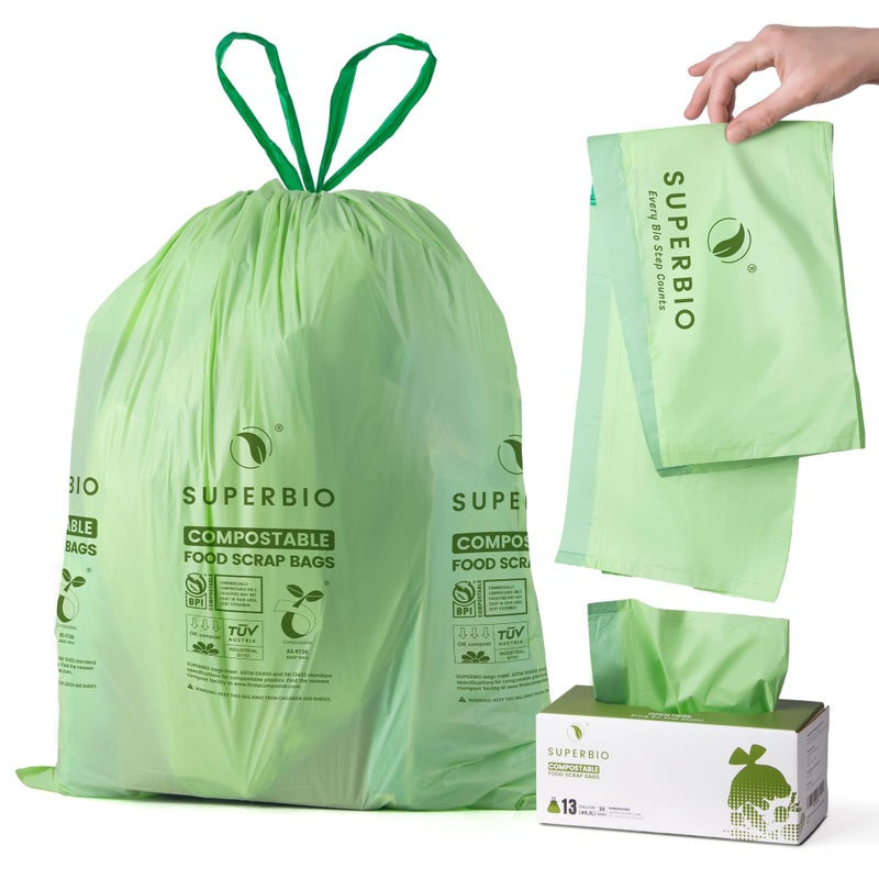 SUPERBIO 13 Gallon Compostable Drawstring Kitchen Waste Bag, 49.2 Liter, 30 Count,1 Mil, Heavy Duty Food Scrap Bags, BPI, Seedling and OK compost INDUSTRIAL - Image 1