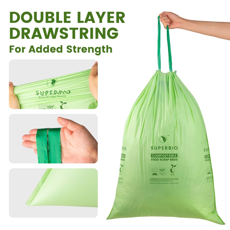 SUPERBIO 13 Gallon Compostable Drawstring Kitchen Waste Bag, 49.2 Liter, 30 Count,1 Mil, Heavy Duty Food Scrap Bags, BPI, Seedling and OK compost INDUSTRIAL - Image 3