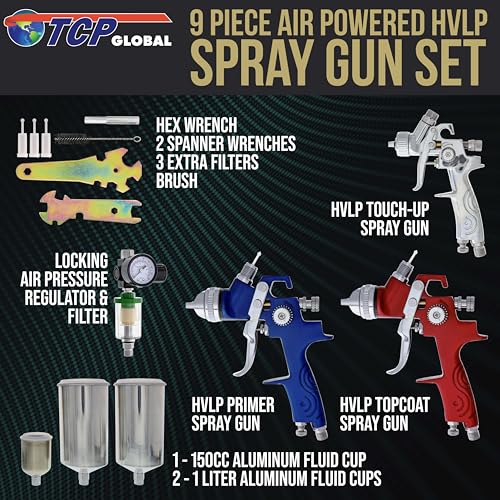 TCP Global HVLP Spray Gun Kit for Auto Paint - Set of 3 Sprayers (1.0mm, 1.4mm, 1.8mm) with Cups & Air Regulator - Auto Spray Paint Gun Set for Primer, Topcoat & Touch-Up (Pistola para Pintar Carros) - Image 2