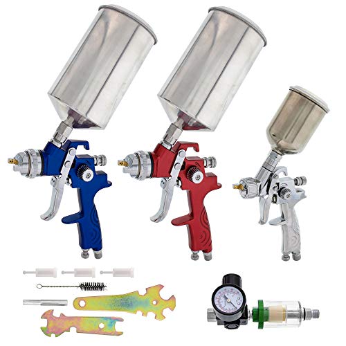 TCP Global HVLP Spray Gun Kit for Auto Paint - Set of 3 Sprayers (1.0mm, 1.4mm, 1.8mm) with Cups & Air Regulator - Auto Spray Paint Gun Set for Primer, Topcoat & Touch-Up (Pistola para Pintar Carros) - Image 1