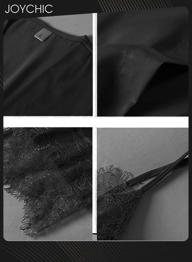 Joychic طقم بيجامة من 5 قطع للنساء لفصلي الربيع والخريف والشتاء من حرير الجليد مع دانتيل مريح وقابل للتنفس بتصميم على شكل حرف V باللون الأسود - Image 2