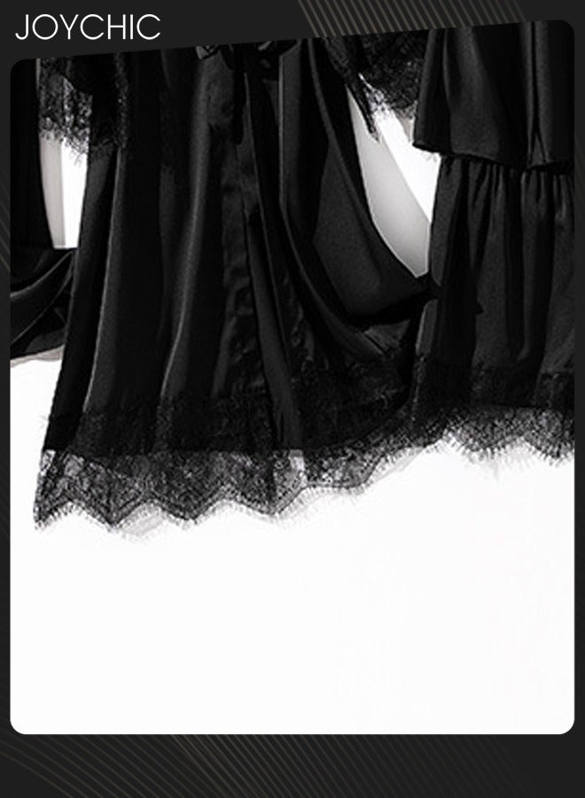 Joychic طقم بيجامة من 5 قطع للنساء لفصلي الربيع والخريف والشتاء من حرير الجليد مع دانتيل مريح وقابل للتنفس بتصميم على شكل حرف V باللون الأسود - Image 4