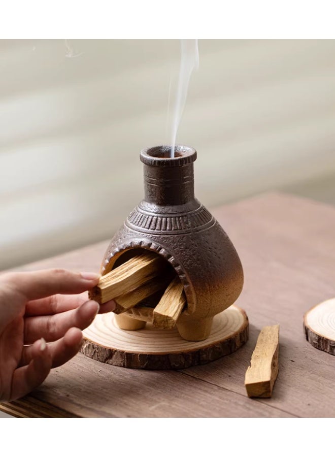 Ceramic Incense Fireplace Burner Set with Sandalwood Sticks 70g Arabic Bakhoor Burner Style Aromatherapy Fireplace Decor with Wooden Base Luxury Home Fragrance Incense Holder for Ramadan Eid Gift