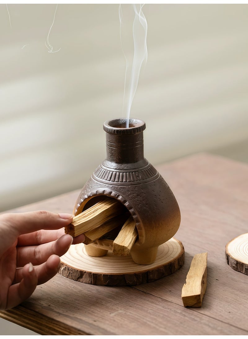 Aromancy Ceramic Incense Fireplace Burner Set with Sandalwood Sticks 80g Arabic Bakhoor Burner Style Aromatherapy Fireplace Decor with Wooden Base Luxury Home Fragrance Incense Holder for Ramadan Eid Gift - Image 1