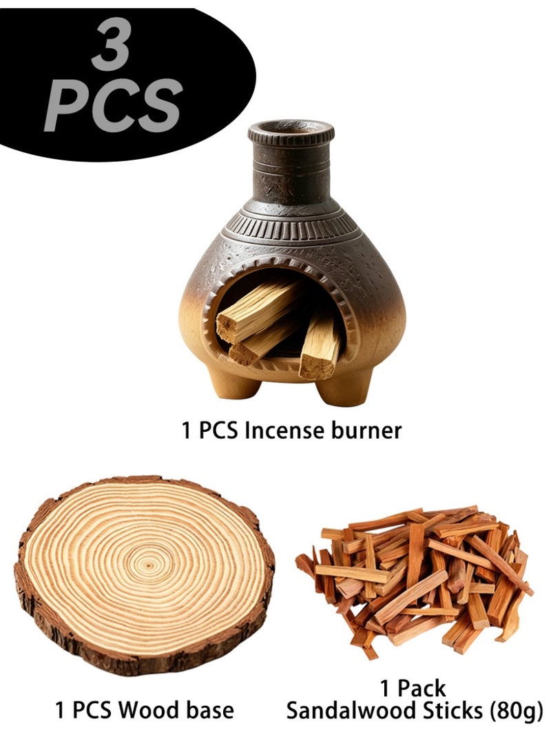 Aromancy Ceramic Incense Fireplace Burner Set with Sandalwood Sticks 80g Arabic Bakhoor Burner Style Aromatherapy Fireplace Decor with Wooden Base Luxury Home Fragrance Incense Holder for Ramadan Eid Gift - Image 2