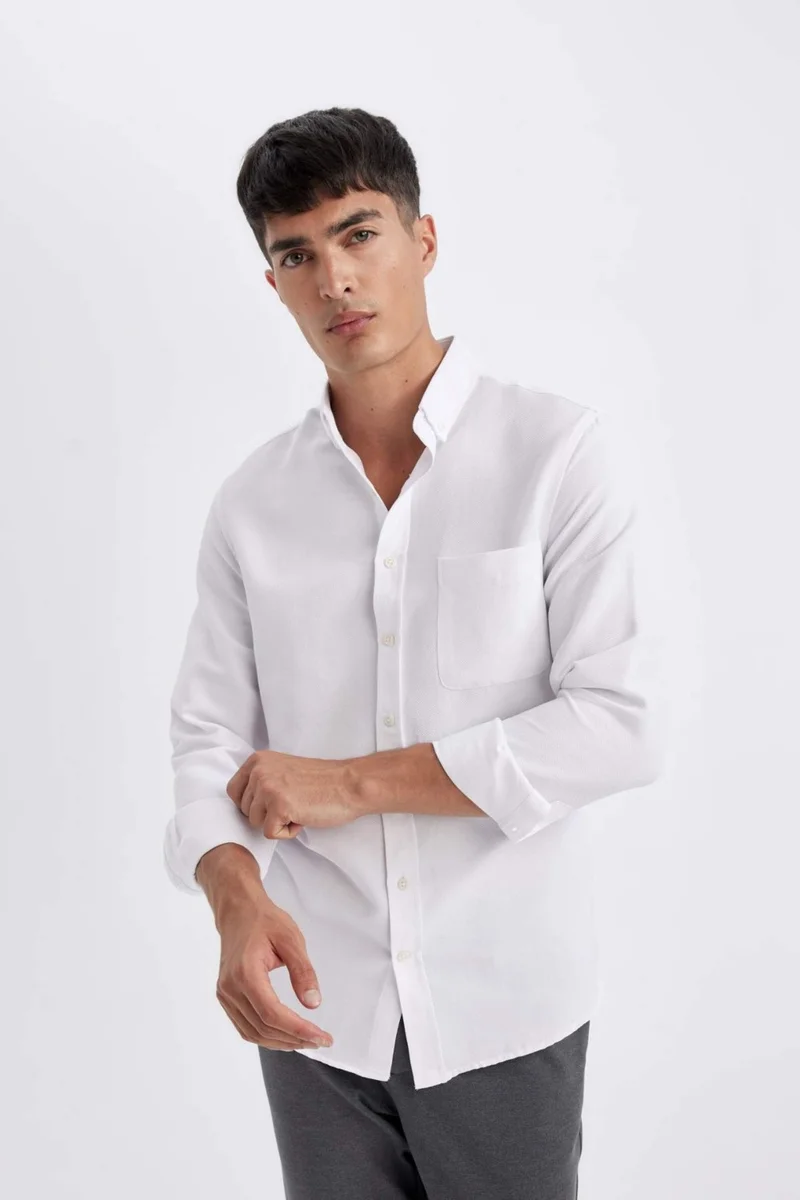 DeFacto Slim Fit Slim Fit Buttoned Textured Plain Cotton Blend Long Sleeve Shirt T2066AZ24AU