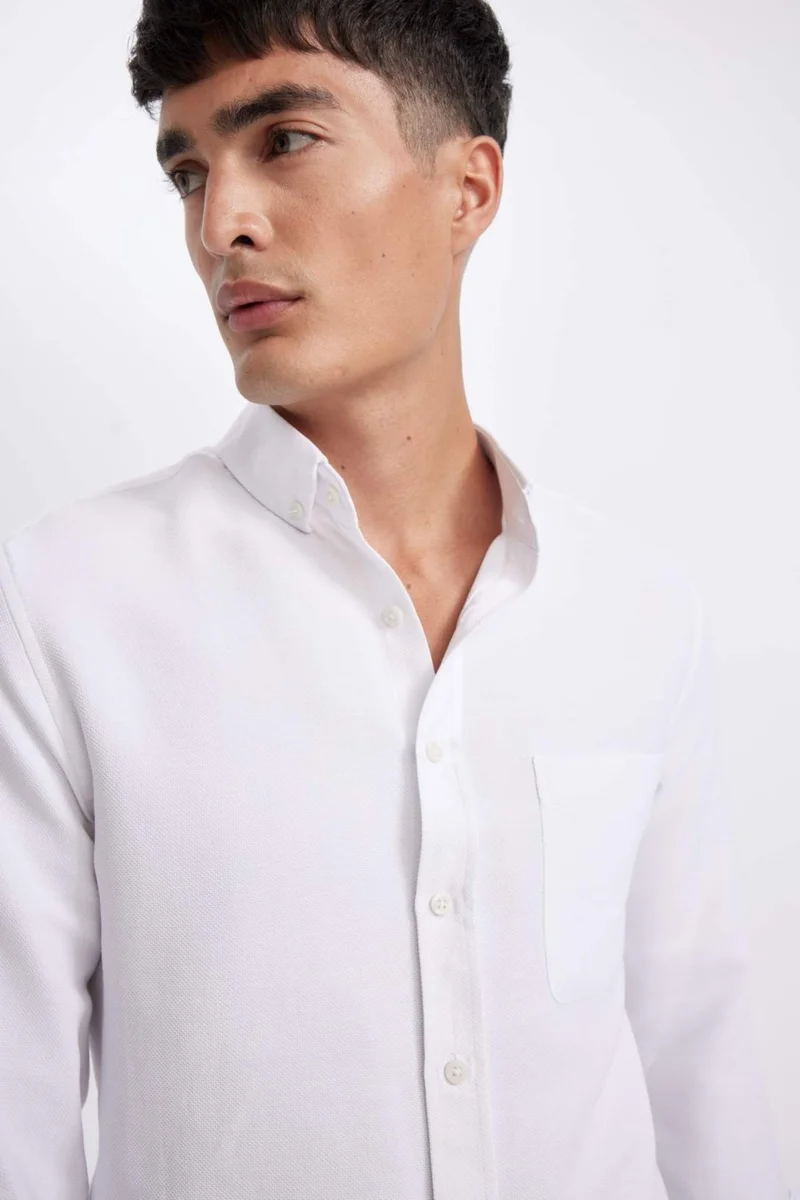 DeFacto Slim Fit Slim Fit Buttoned Textured Plain Cotton Blend Long Sleeve Shirt T2066AZ24AU