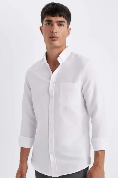 DeFacto Slim Fit Slim Fit Buttoned Textured Plain Cotton Blend Long Sleeve Shirt T2066AZ24AU