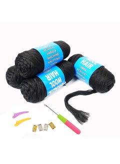 100% Brazilian Wool Hair Acrylic Yarn for African Braids/Senegalese Twist/Faux Locs/Wraps with Crochet Hook(4 Roll, Natural Black)