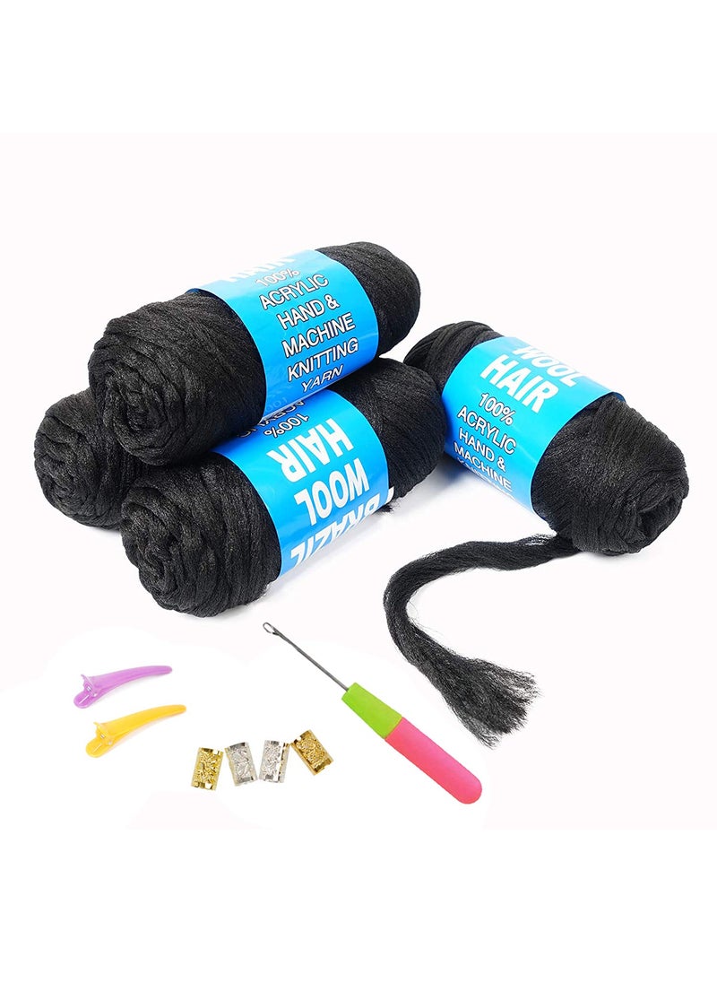 Youngther - 100% Brazilian Wool Hair Acrylic Yarn for African Braids/Senegalese Twist/Faux Locs/Wraps with Crochet Hook(4 Roll, Natural Black) - Image 1