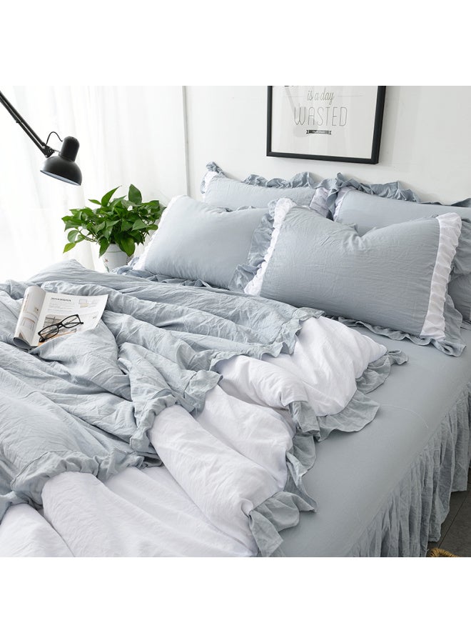 Generic # 7N Washed Cotton Quilt Cover Single Piece Three Four Pieces Solid Color Single Dormitory Double 1.8x 2.2 Pure Cotton Quilt Cover-Color:Washed Cotton Gray-white-grey [class A Maternal And Infant Grade Fabric, Super Soft And Soft]-Specifications:1.8m Bed Skirt Four-piece Set (quilt Cover 1.8*2.2) - Image 1
