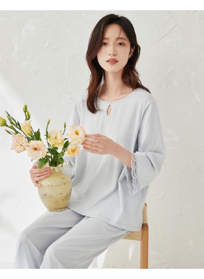 Top melon Gentle And Intellectual Cotton Series】sunlight Cotton Three-quarter Sleeve Lace Women's Loungewear Romantic Solid Color Pajamas - Image 1