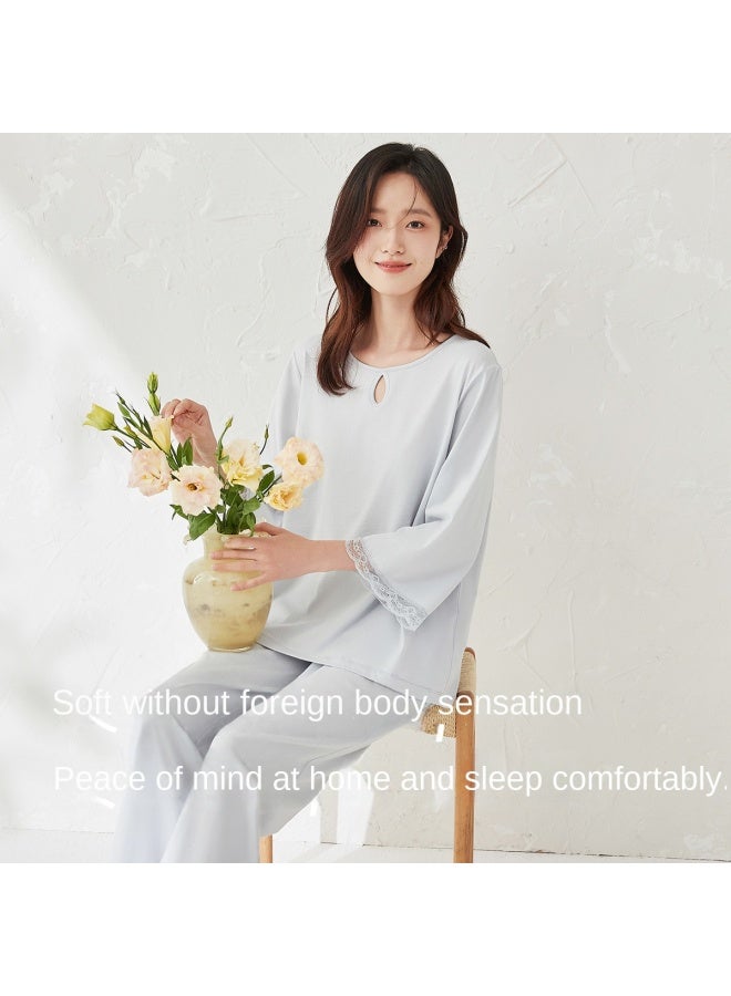 Top melon Gentle And Intellectual Cotton Series】sunlight Cotton Three-quarter Sleeve Lace Women's Loungewear Romantic Solid Color Pajamas - Image 5