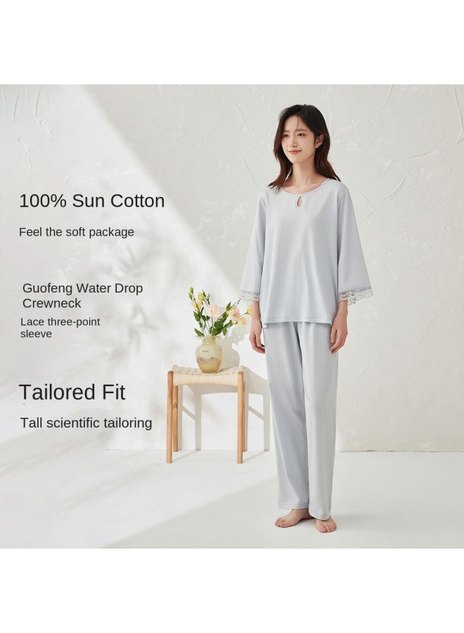 Top melon Gentle And Intellectual Cotton Series】sunlight Cotton Three-quarter Sleeve Lace Women's Loungewear Romantic Solid Color Pajamas - Image 3