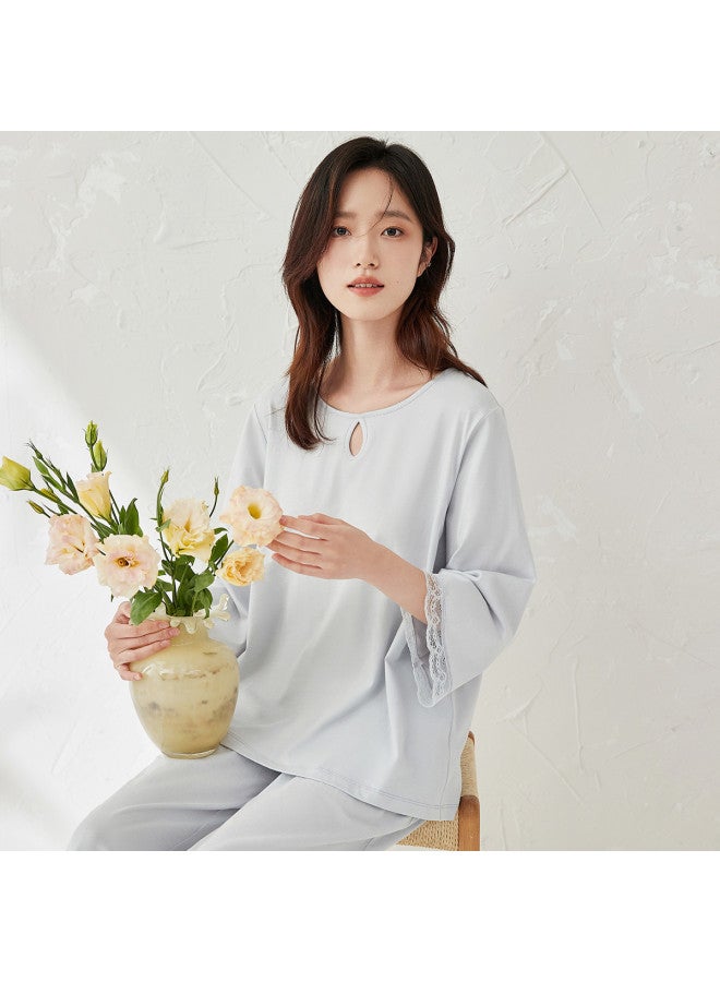 Top melon Gentle And Intellectual Cotton Series】sunlight Cotton Three-quarter Sleeve Lace Women's Loungewear Romantic Solid Color Pajamas - Image 2