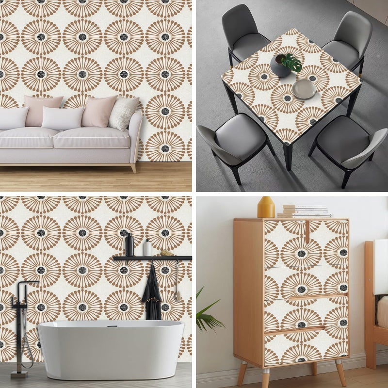 HOMETITUTE Brown Geometric Wallpaper Peel and Stick Retro Fan Pattern Contact Paper Removable Marble Vinyl Wall Paper Stick 118.1" x 17.7" Self Adhesive Wall Covering for Bedroom Cabinets Decor - Image 5