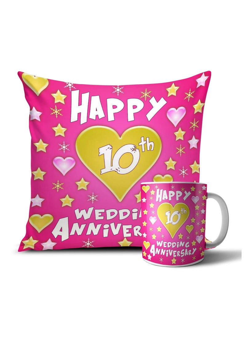 MUKESH HANDICRAFTS MUKESH HANDICRAFTS Happy 10th Anniversary Cushion MugPillow for Gifting on Birthdays Wedding to CoupleHusband Wife Friends Color Pink 12 x 12 inch 