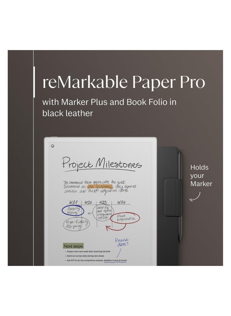 reMarkable Paper Pro Bundle – Premium Leather | Includes 11.8” reMarkable Paper Tablet, Marker Plus Pen with Eraser, and a Book Folio Cover in Black Leather