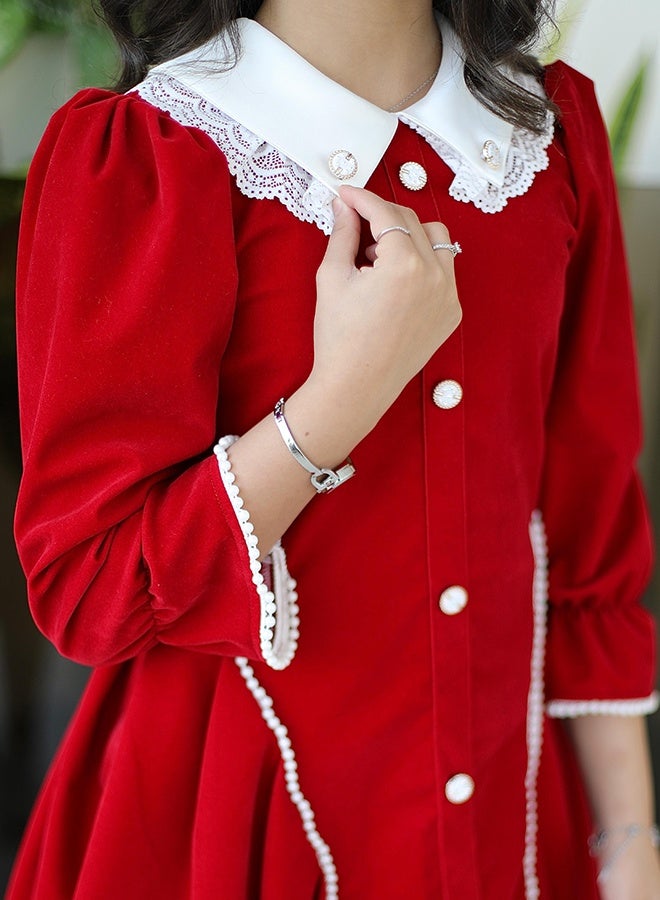 عبايات حوراء فستان أحمر أنيق بتصميم كلاسيكي وياقة دانتيل - Image 4