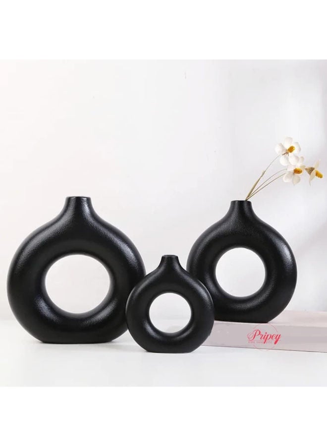 Circle Donut Ceramic Vases For Home Décor Sets Of 3 Large, Medium, Small Boho Vase For Pampas Grass Minimalist Vase For Bookshelf And Table Ceramic Nordic Vase For Modern Decorations For Living Room