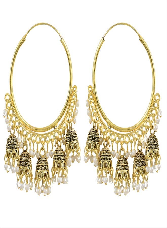 Siddhatva Ethnic Traditional Gold Tone Pearl Beads Designer Stylish Hoop Bali Dangle Jhumka Earrings Women Jewelry - Image 2