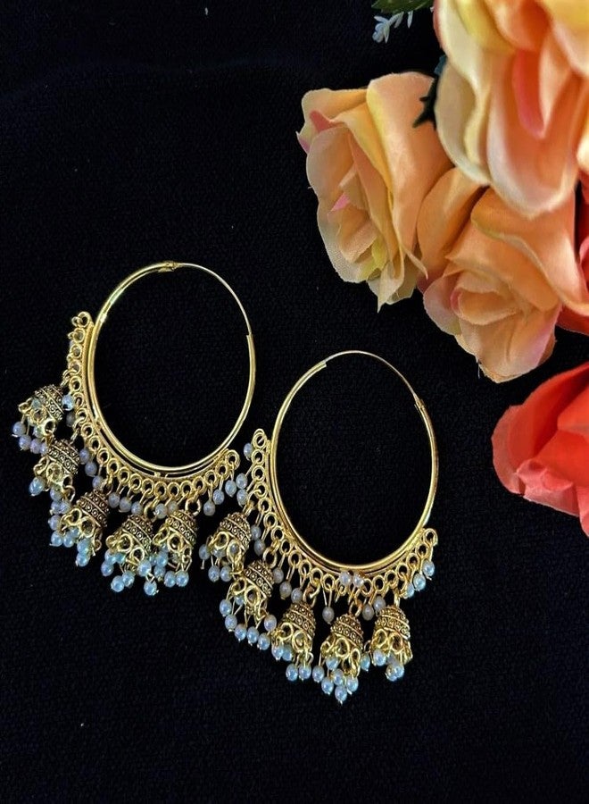 Siddhatva Ethnic Traditional Gold Tone Pearl Beads Designer Stylish Hoop Bali Dangle Jhumka Earrings Women Jewelry - Image 3