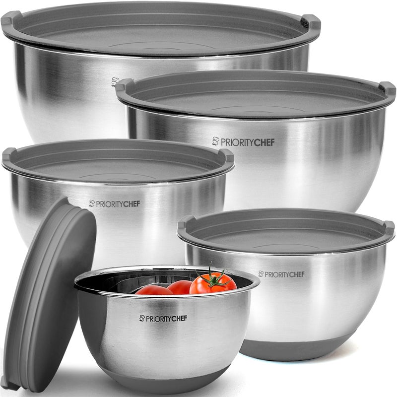 Priority Chef Premium Mixing Bowls With Airtight Lids Set Thicker Stainless Steel Mixing Bowl Set Large Prep Metal Bowls with Lids Nesting Bowls for Kitchen 152345 Qrt Grey