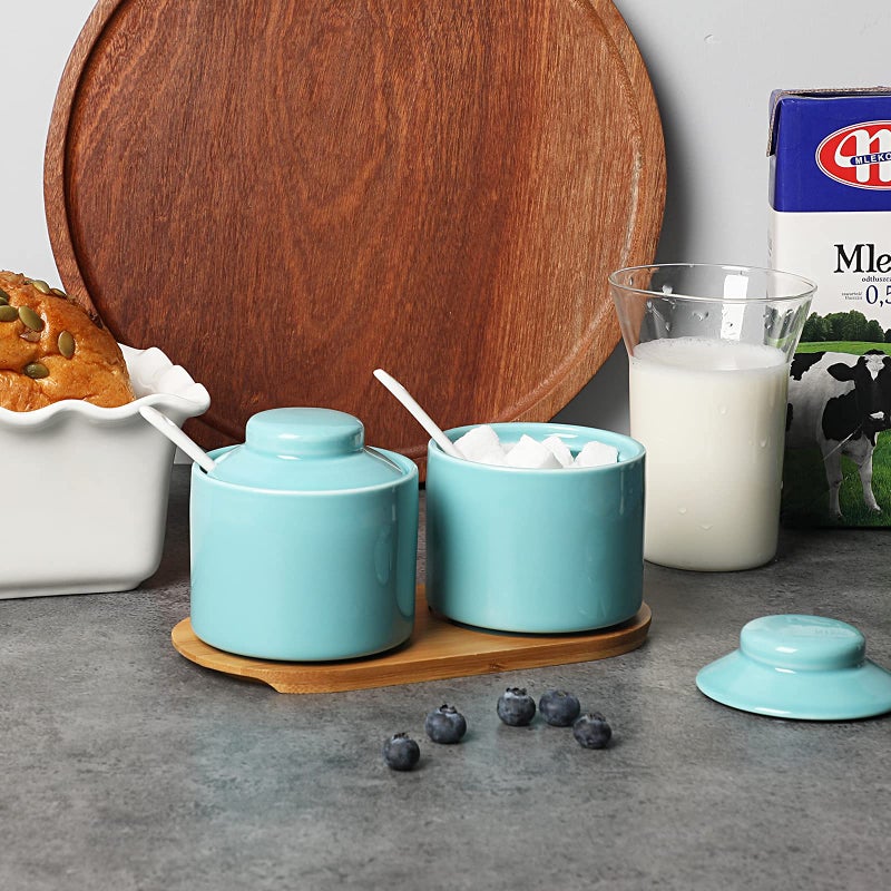 ONTUBE Ceramic Sugar Bowl with Lid and Spoon Set of 2,Porcelain Seasoning Box Salt Bowl with Tray,8oz (Navy) - Image 3