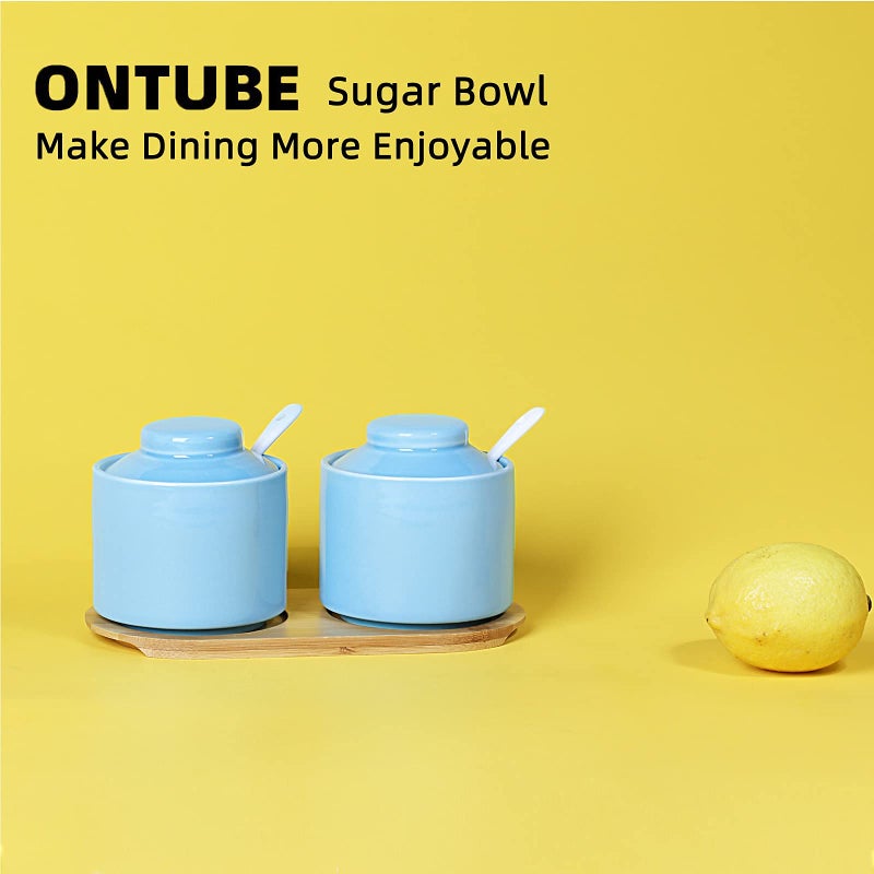ONTUBE Ceramic Sugar Bowl with Lid and Spoon Set of 2,Porcelain Seasoning Box Salt Bowl with Tray,8oz (Navy) - Image 5