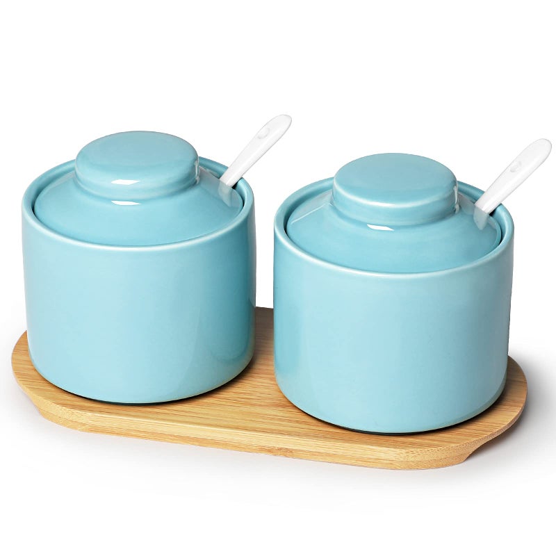 ONTUBE Ceramic Sugar Bowl with Lid and Spoon Set of 2,Porcelain Seasoning Box Salt Bowl with Tray,8oz (Navy) - Image 1