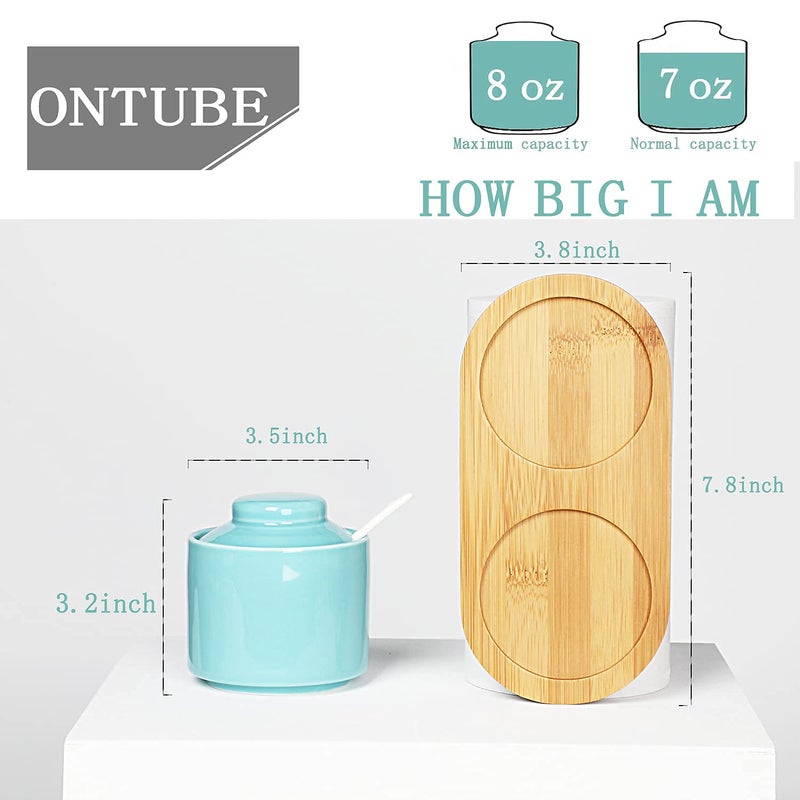 ONTUBE Ceramic Sugar Bowl with Lid and Spoon Set of 2,Porcelain Seasoning Box Salt Bowl with Tray,8oz (Navy) - Image 2