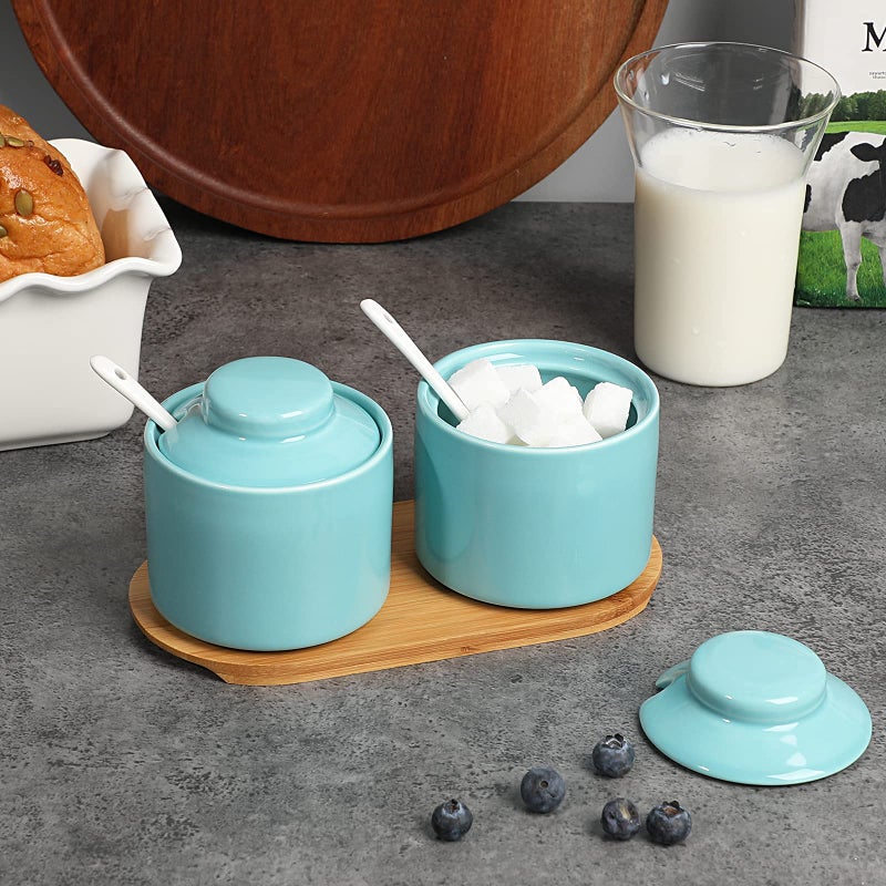 ONTUBE Ceramic Sugar Bowl with Lid and Spoon Set of 2,Porcelain Seasoning Box Salt Bowl with Tray,8oz (Navy) - Image 4