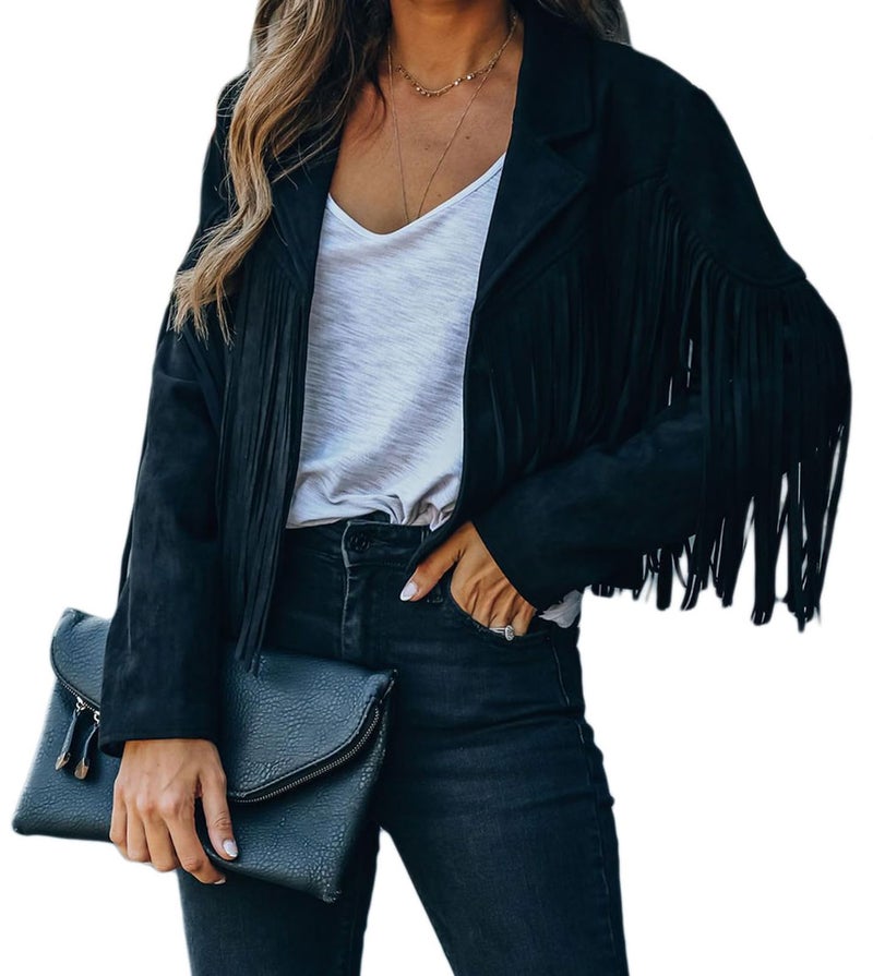 Bibowa Faux Leather Jackets For Women Trendy Cowgirl Outfits Fall Western Fringe Cropped Jacket 2026 Tassel Motorcycle Crop Coats Winter Black M - Image 2