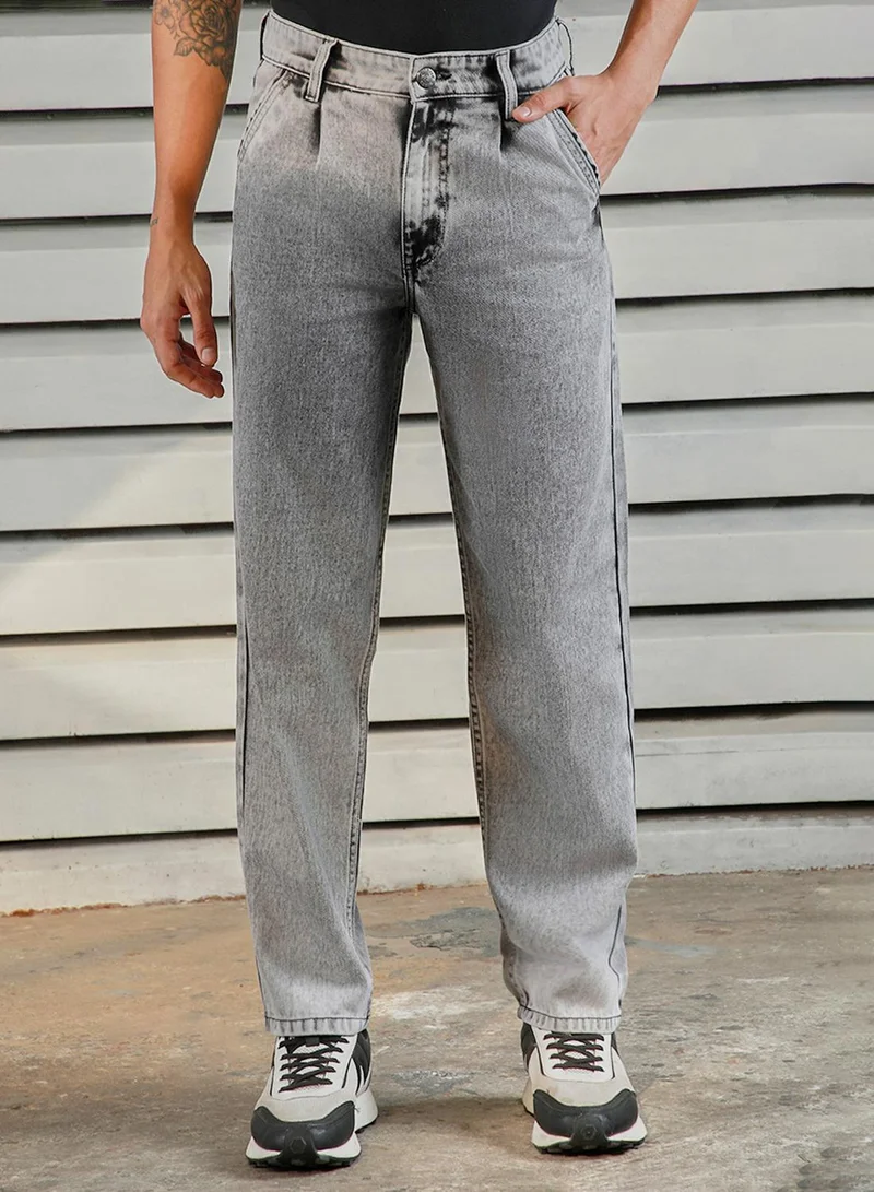 HIGH STAR Men's Grey 100% Cotton Bleached Full Length Tapered Fit Jeans