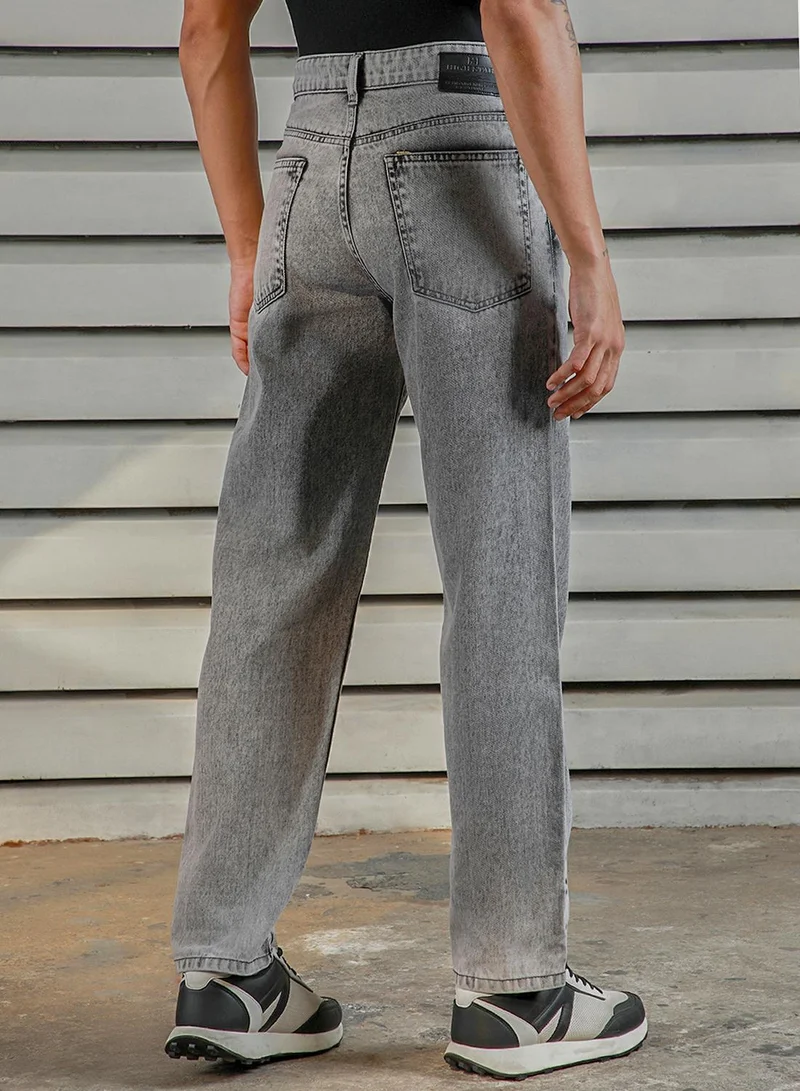 HIGH STAR Men's Grey 100% Cotton Bleached Full Length Tapered Fit Jeans