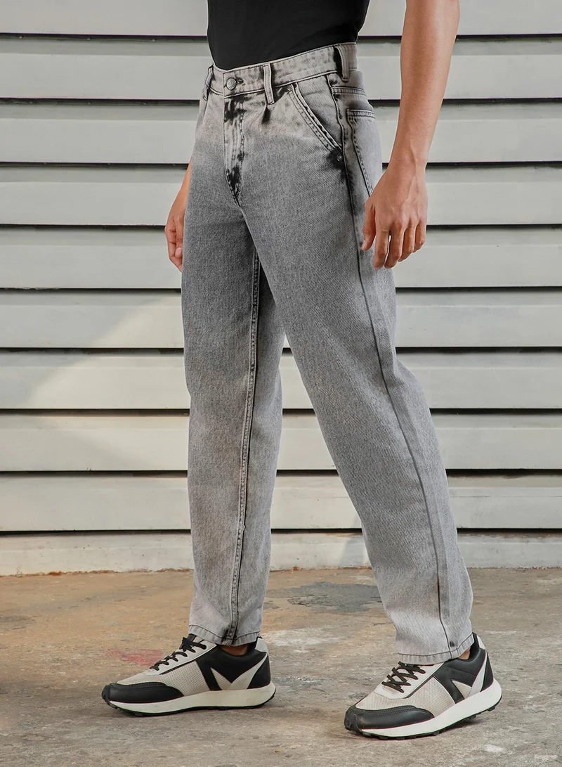 HIGH STAR Relaxed Fit Grey Jeans for Men, Mid-Rise and Heavy Fade