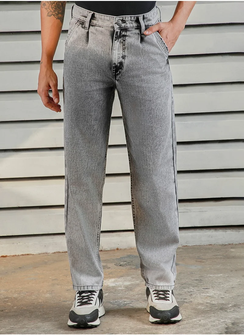 هاي ستار Relaxed Fit Grey Jeans for Men, Mid-Rise and Heavy Fade