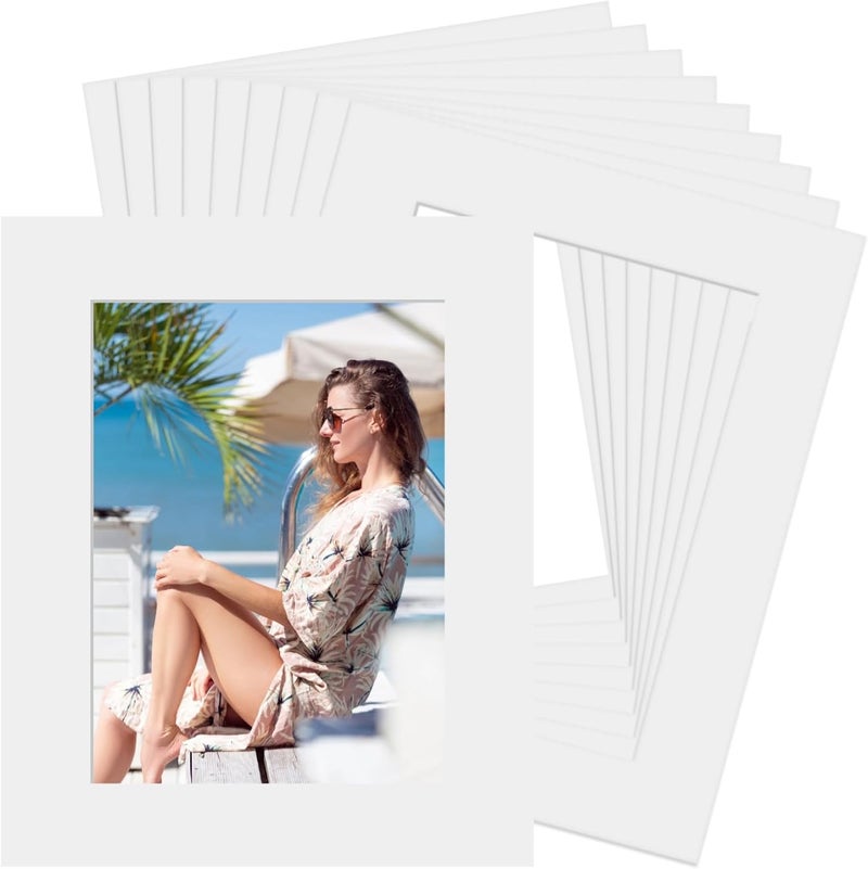 10 White Mat Boards, 8.27X12.6 Openings, 10.43X14.96 Outer Dimensions, Ideal for Photos, Art, and Framing Projects - Image 1